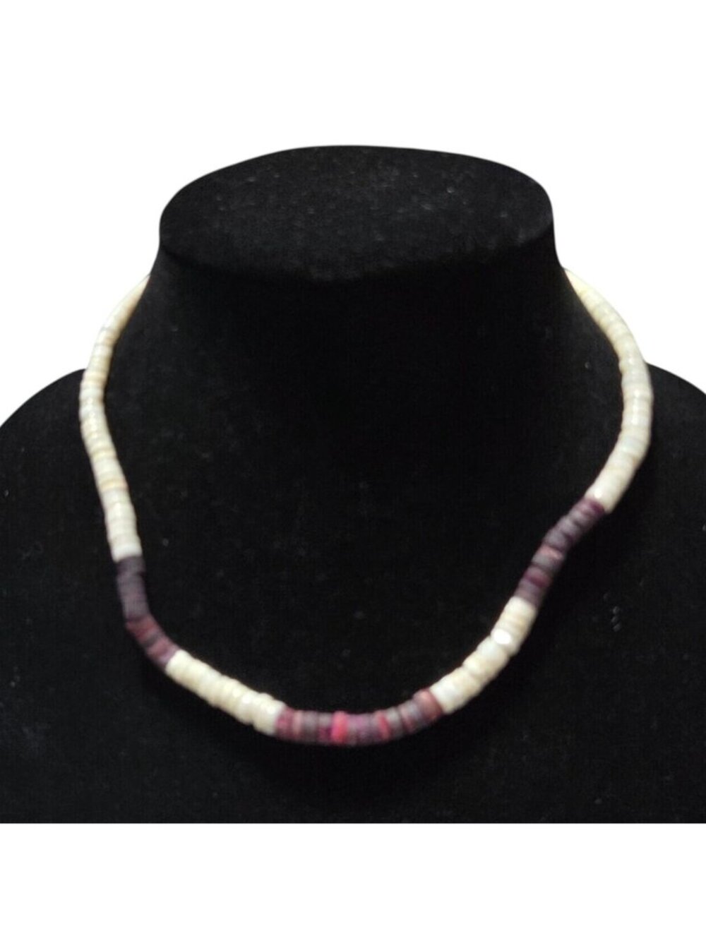 Vintage White Purple Heishi Shell Necklace Magnetic Closure Beach Core Surfer